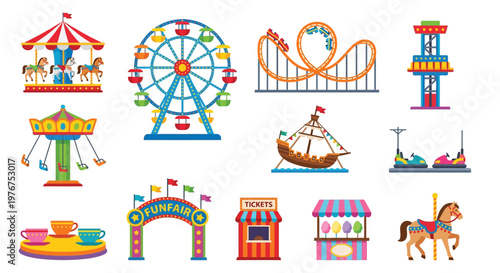 Colorful amusement park rides and attractions illustrated in a cartoon style