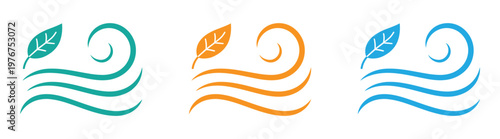 Set of three colorful wind and leaf icons, eco-friendly symbols for design