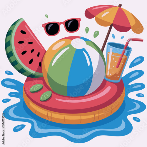 A vibrant summer scene with watermelon beach ball and refreshing drinks