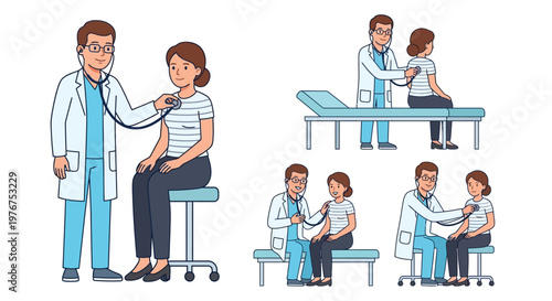 Doctor examining patients a series of illustrations depicting healthcare checkups