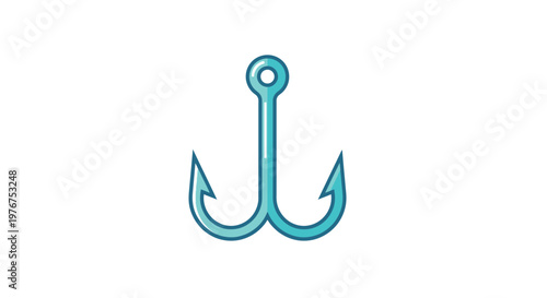 A teal colored cartoon style illustration of a trident or fishing hook