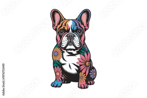A vibrant and colorful illustration of a french bulldog adorned with floral patterns showcasing a playful and artistic design on transparent background.