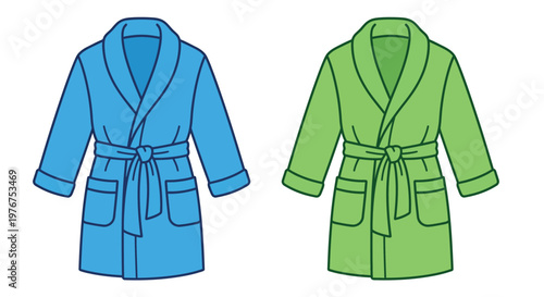 Two colorful bathrobes hang side by side one blue and one green