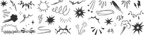 Comic explosion and motion effects set with hand drawn lines bursts and lightning shapes. Dynamic doodle elements for pop art posters comics branding and energetic vector design accents pack.