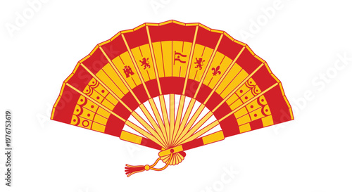 A traditional folding fan with a red and gold color scheme and asian calligraphy