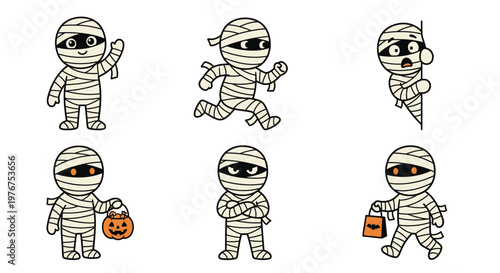 Cute cartoon mummies in various poses for halloween celebrations