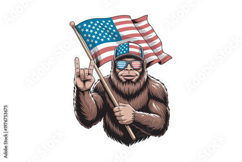 A cartoon orangutan proudly waves an american flag while making the rock on hand gesture wearing sunglasses on transparent background high-quality.