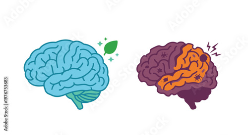 Two stylized brains depict contrasting mental states calm and stressed