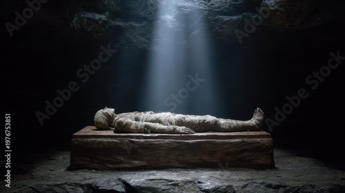 Mystical Scene of a Mummy Lying on an Ancient Altar with Spear of Light in a Darkened Cave