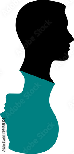 Conceptual silhouette of two faces in profile, one black and one teal, representing duality, psychology, mental health, or split personality.