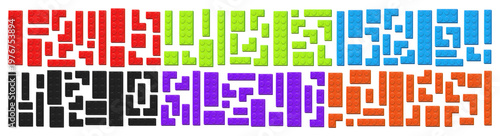 Realistic colored plastik constructor block parts isolated on transparent background. Red, green, blue, black, violet and orange parts. Play and build concept. Vector PNG