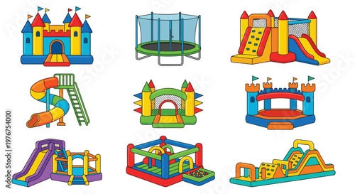 Colorful inflatable bounce houses slides and a trampoline collection