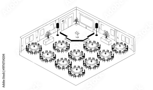 Isometric event tent banquet vector setup with tables chairs and stage isolated on white background
