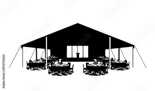 Event tent banquet scene vector with tables chairs and stage flat illustration isolated on white