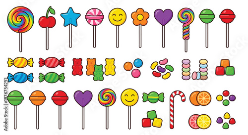 Colorful assortment of cartoon candies and sweets on a white background