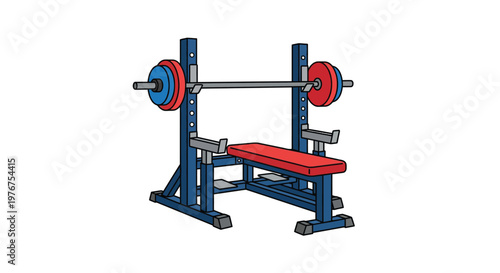 Cartoon illustration of a weightlifting bench press setup with barbell