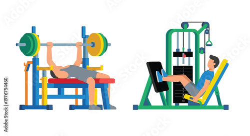 Two individuals exercising at the gym bench press and leg press