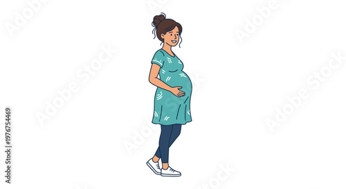 Illustration of a smiling pregnant woman in a teal floral dress