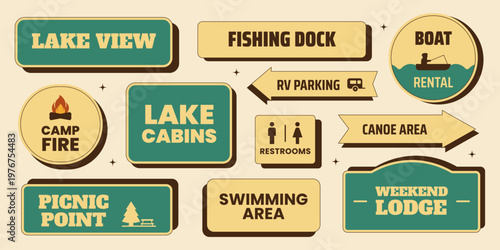 Retro lake recreation sticker set with lake view, fishing dock, boat rental, lake cabins, swimming canoe area and more. Vector illustration in vintage midcentury 50s style for summer travel
