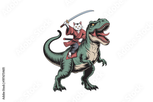 A whimsical illustration depicts a determined cat samurai riding atop a roaring tyrannosaurus rex blending cuteness with ferocity on transparent background.