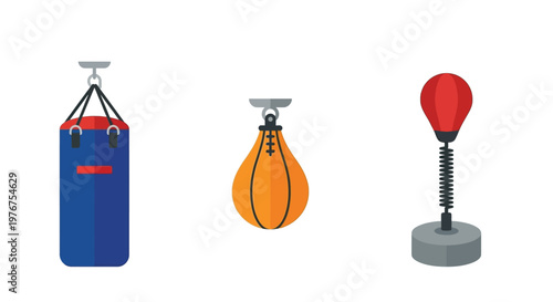 Illustration of boxing equipment a heavy bag speed bag and floor pear