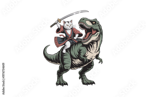 A whimsical illustration depicts a determined cat samurai riding atop a roaring tyrannosaurus rex blending cuteness with ferocity on transparent background.