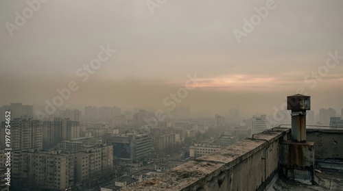 Rooftop view with rusted vent and sprawling residential grid fading into atmospheric grime, illustrating suspended pollutants, reduced horizon clarity, and the broad reach of metropolitan smog