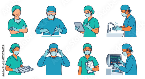 Diverse medical team performing various surgical and healthcare tasks