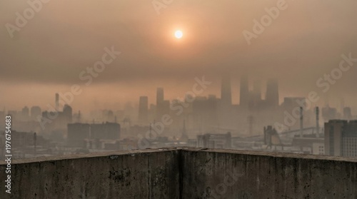 Harsh sun filtered through a dirty atmospheric ceiling above distant high rises, while a stained parapet foreground reinforces trapped haze, visibility loss, and escalating urban pollution burden