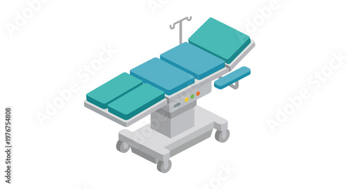 Isometric illustration of a teal hospital operating table on wheels