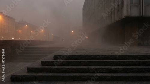 Broad basalt steps leading into a deserted fog laden streetscape beside austere facades, where amber lamps and dirty mist convey low oxygen anxiety, exposure risk, and urban smog saturation