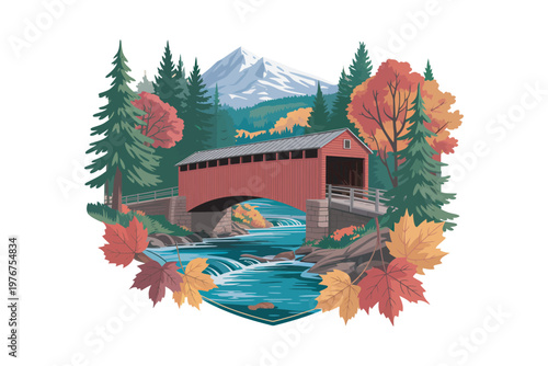 A vibrant autumn scene depicts a classic red covered bridge nestled amongst colorful trees and a snowy mountain on transparent background.