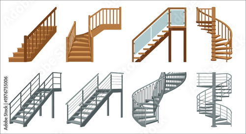 Various types of staircases including straight spiral and metal designs