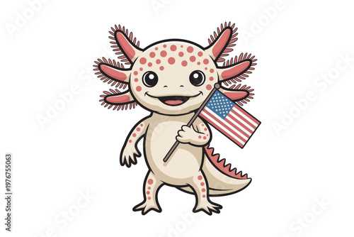A charming cartoon axolotl playfully waving an american flag is depicted with a cheerful expression on transparent background high-quality professional detailed.