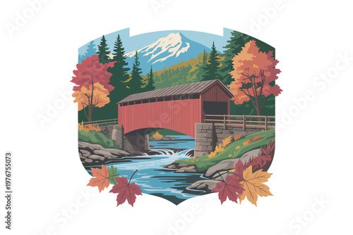 A vibrant autumn scene depicts a classic red covered bridge nestled amongst colorful trees and a snowy mountain on transparent background.