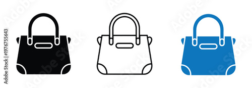 Stylish lady purse icon set featuring solid and line art designs for fashion and retail branding. Handbag icons in black, white, and blue for design projects Vector illustration. 