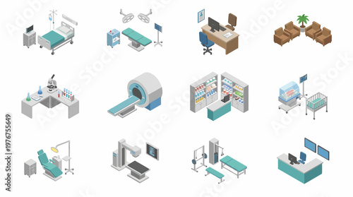 A 3D isometric icon set of various hospital rooms and medical equipment.