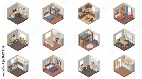 Isometric 3D icon set of modern interior rooms and apartments with various furniture