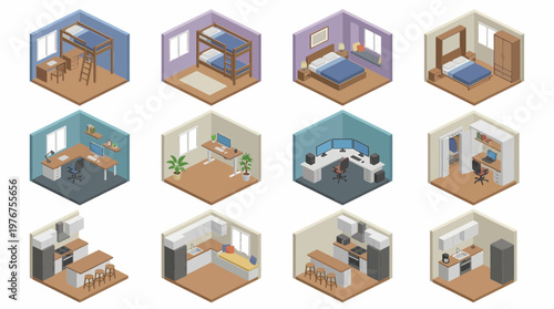 Isometric 3D icon set of various room interiors with furniture and decor