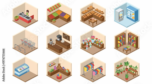 A 3D isometric icon set of various interior scenes and objects in a colorful illustration style.