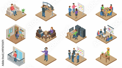 Isometric 3D icon set depicting people in various office environments and work settings.