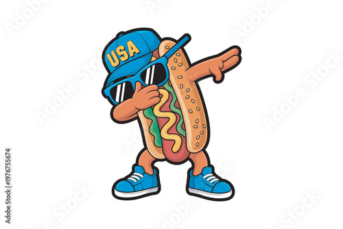A cartoon hotdog character wearing a usa cap and sunglasses dabbing exhibiting playful energy on transparent background high-quality professional detailed modern.