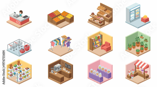 A 3D isometric icon set depicting various store and food scenes in a colorful and detailed illustration.
