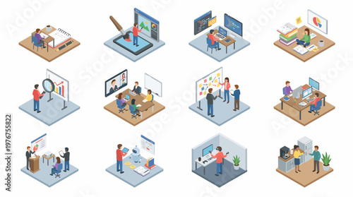 A 3D isometric icon set depicting various office scenes and workers in different settings.