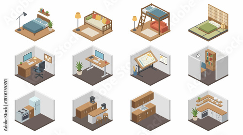 A 3D isometric icon set of various rooms and interior spaces.