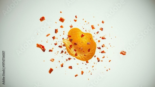 Crispy potato chip and bacon pieces burst against a soft pink backdrop, conveying savory flavor, satisfying crunch, motion and appetizing snack energy for food advertising and pac