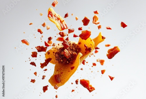 Crispy potato chip and bacon pieces burst against a soft pink backdrop, conveying savory flavor, satisfying crunch, motion and appetizing snack energy for food advertising and pac