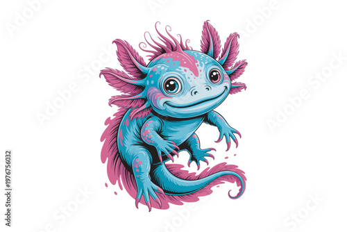 A charming cartoon axolotl with large expressive eyes and feathery gills is playfully depicted ideal for design projects on transparent background.