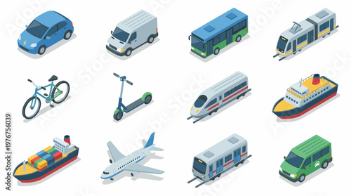 A 3D isometric icon set of various transportation vehicles on a white background.