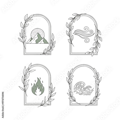 Four mystical elements nature frames with floral line art.